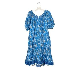 Uncle Frank Dress Blue Cream Floral Print Women's M Puff Sleeves Boho Prairie‎